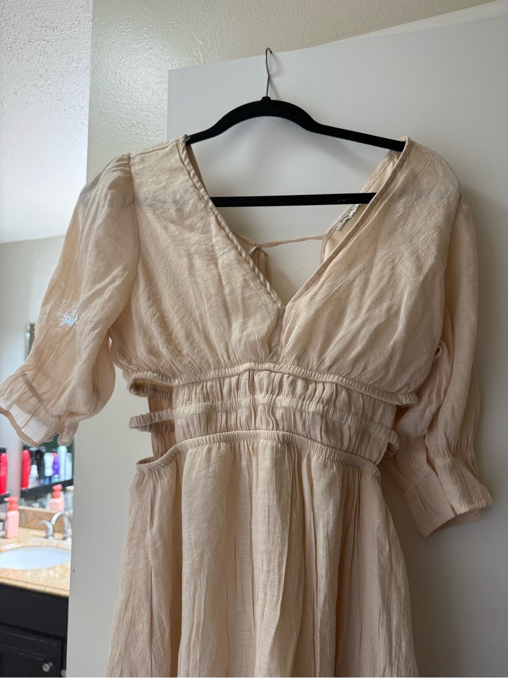 Cream Midi Dress with V-Neck and Smocked Cutout Waist